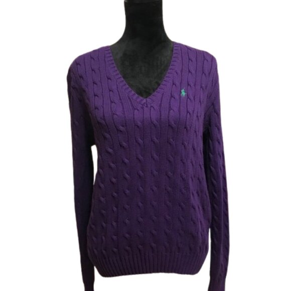 Ralph Lauren Sweaters - Women's Ralph Lauren Sport Purple V-Neck Cable Knit Sweater Size XL